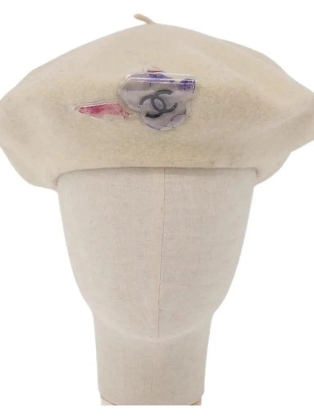 CHANEL Hat Wool Ivory CC Auth 176876A